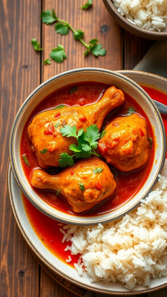 A bowl of spicy chicken drumsticks curry garnished with cilantro, served with rice on a wooden table.